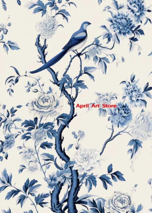 Antique Vintage Blue Chinoiserie Bird on Branch Poster Canvas Printing
