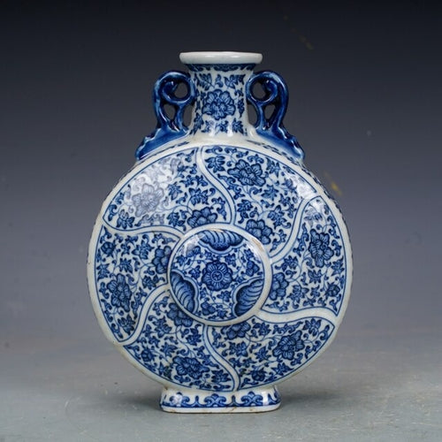 Qing Dynasty Qianlong Porcelain Blue And White Flower Flat Vase