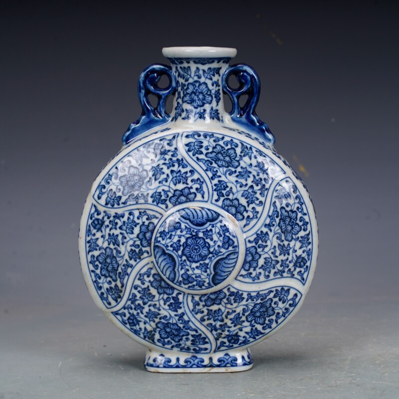 Qing Dynasty Qianlong Porcelain Blue And White Flower Flat Vase