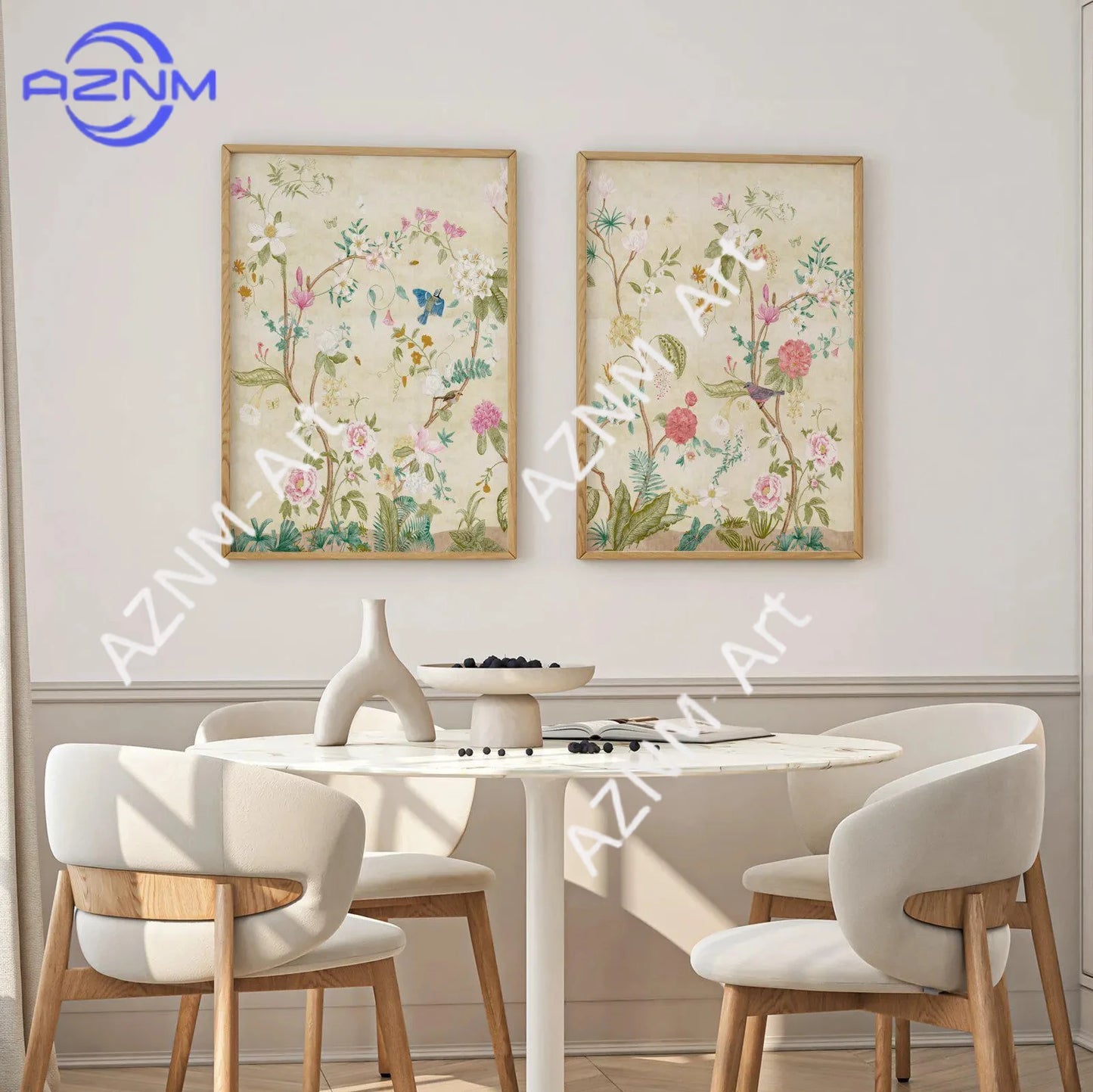 Chinoiserie Panel with Birds & Flowers Print