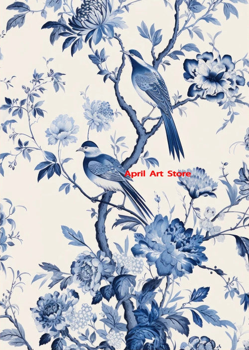 Antique Vintage Blue Chinoiserie Bird on Branch Poster Canvas Printing