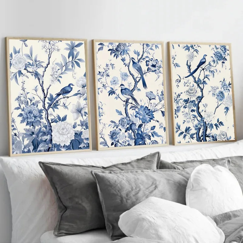 Antique Vintage Blue Chinoiserie Bird on Branch Poster Canvas Printing