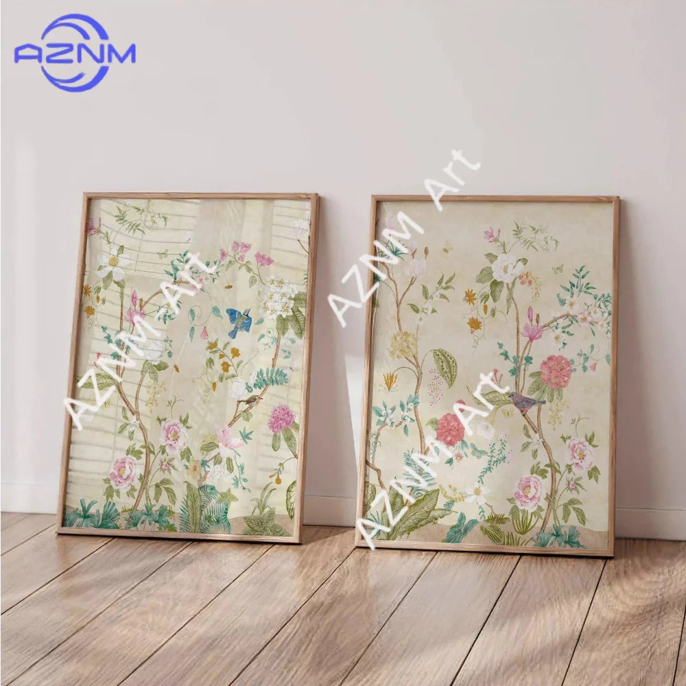 Chinoiserie Panel with Birds & Flowers Print