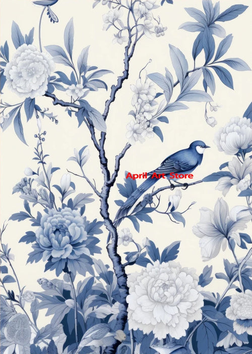 Antique Vintage Blue Chinoiserie Bird on Branch Poster Canvas Printing